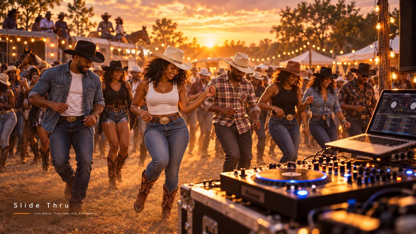 Concept image: line dancing at sunset with a DJ setup in front