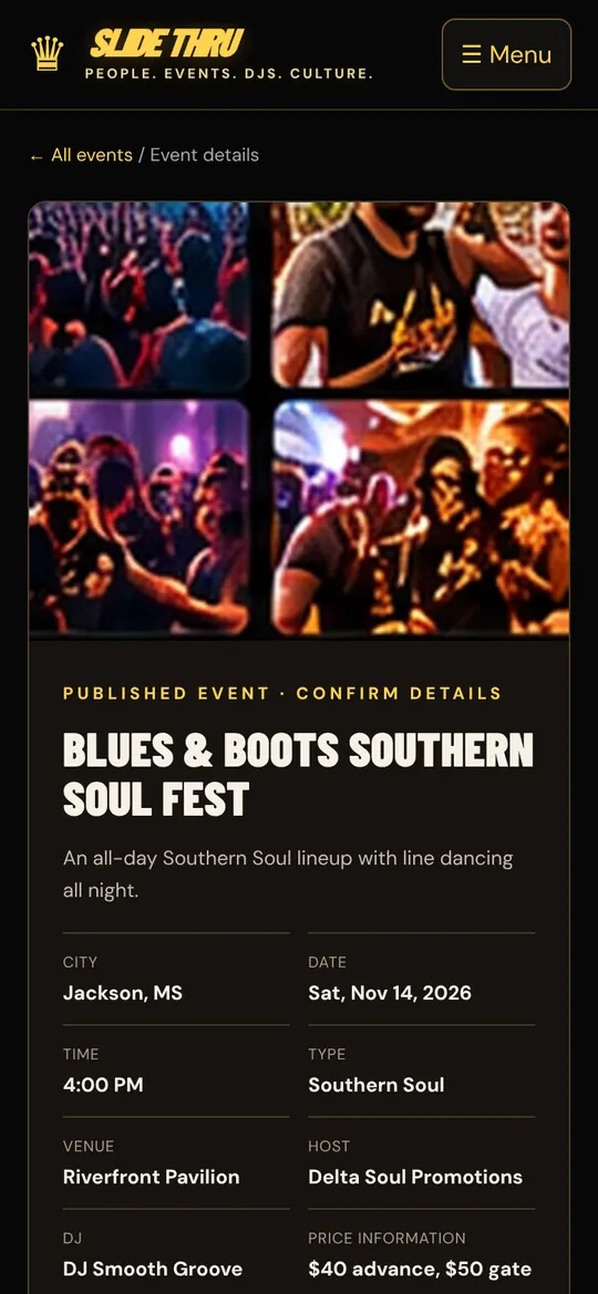 Slide Thru screen: Event details. Date, time, venue, DJ, host and price in one place.