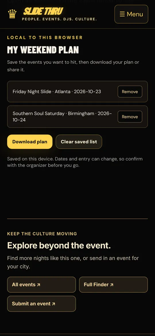 Slide Thru screen: My weekend plan. Save the events you want to hit and download your plan.